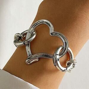 Stainless Steel Heart Bracelet Chain Link Boho Hammered Statement Piece